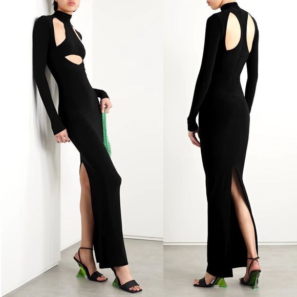 LAQUAN SMITH Size XS NWT Cutout Stretch Jersey Turtleneck Gown Maxi Dress Black - Picture 1 of 16
